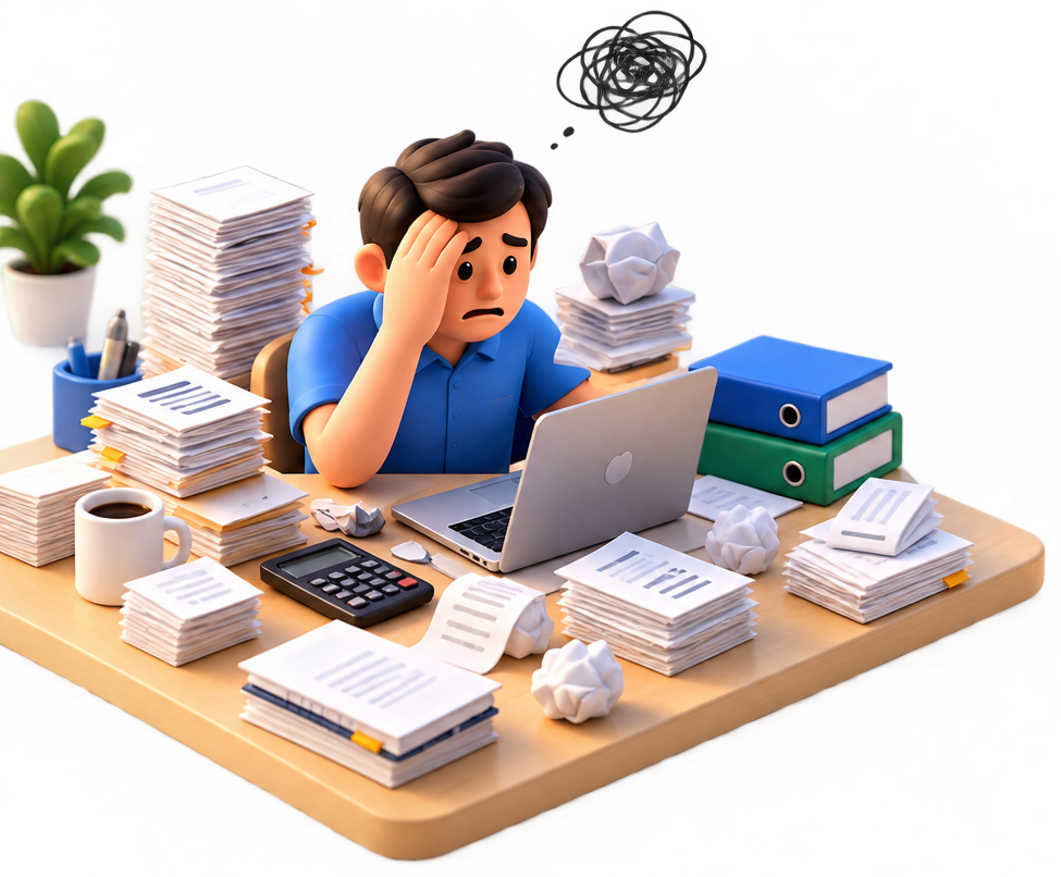 Office worker stressed with manual paperwork